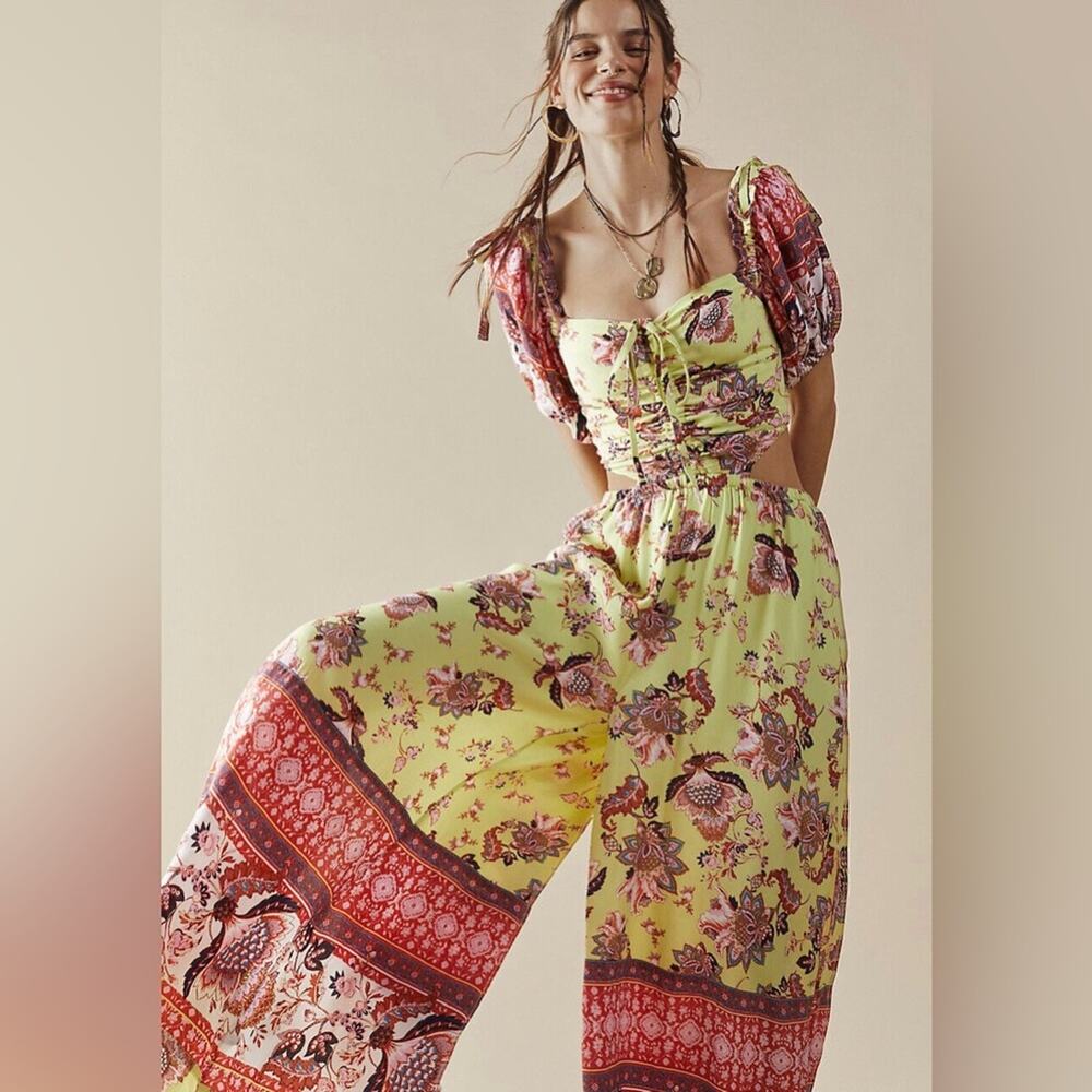 Free People Bali Citrus Skies Paisley Ruched Puff Sleeve Jumpsuit XS NWT